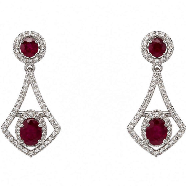 18K White Gold Ruby & Diamond Dangle Earrings