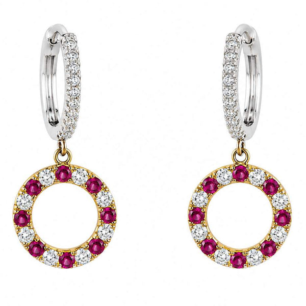 18K Yellow & White Gold Ruby & Diamond Circle Drop Earrings
