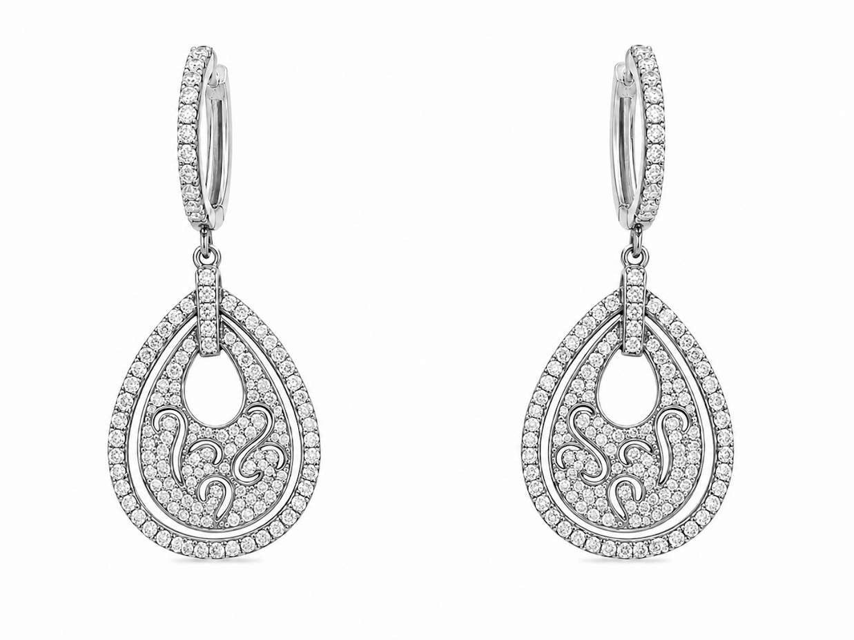 14K White Gold Diamond Open Teardrop Dangle Earrings 2.00Ctw