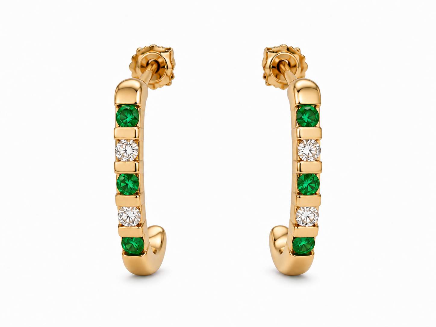 14K Round Emerald And Diamond J Stud Earrings