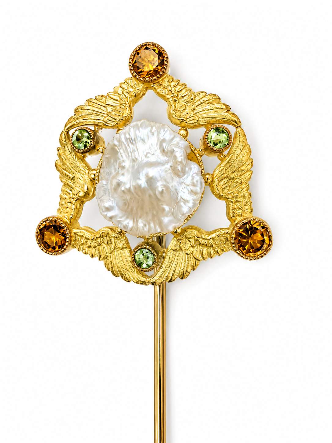 18K Baroque Pearls, Peridot, Citrine stick pin, Wing Motif, Designer; Signed LENT, Designer Anthony Lent