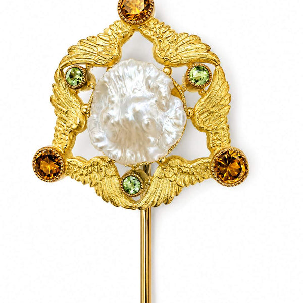 18K Baroque Pearls, Peridot, Citrine stick pin, Wing Motif, Designer; Signed LENT, Designer Anthony Lent
