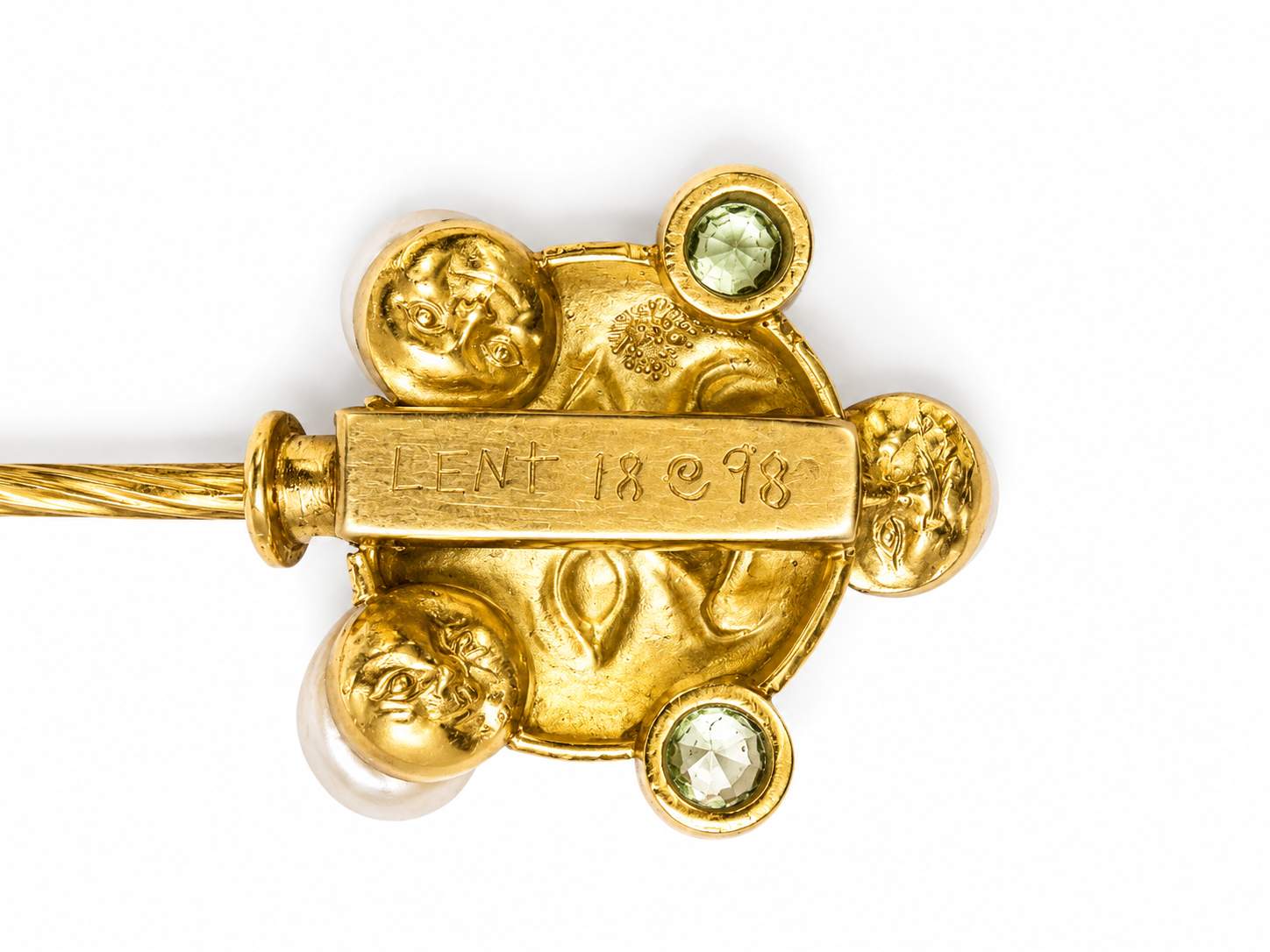 18K Baroque Pearls, Peridot, Citrine stick pin, Wing Motif, Designer; Signed LENT, Designer Anthony Lent