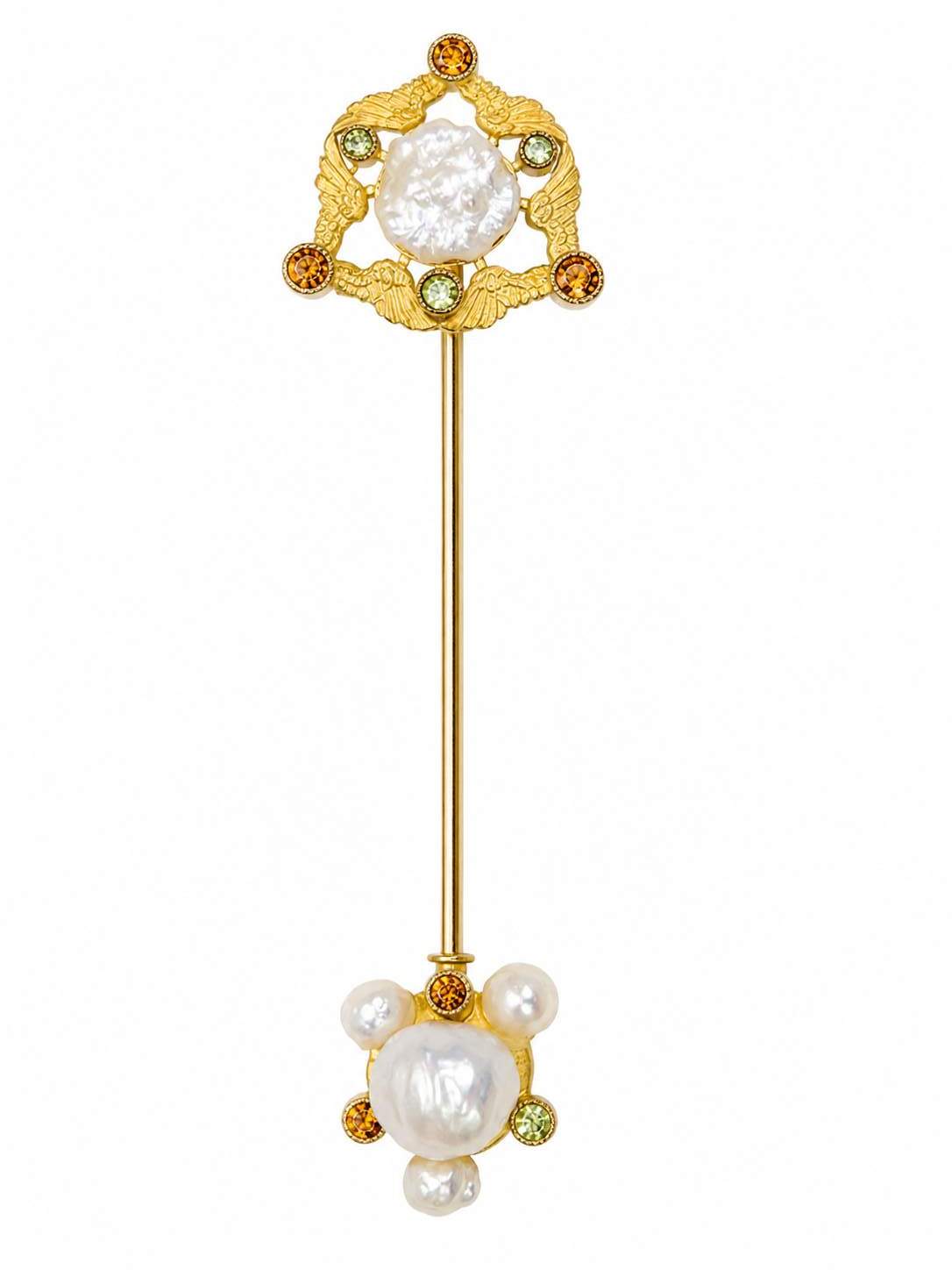 18K Baroque Pearls, Peridot, Citrine stick pin, Wing Motif, Designer; Signed LENT, Designer Anthony Lent