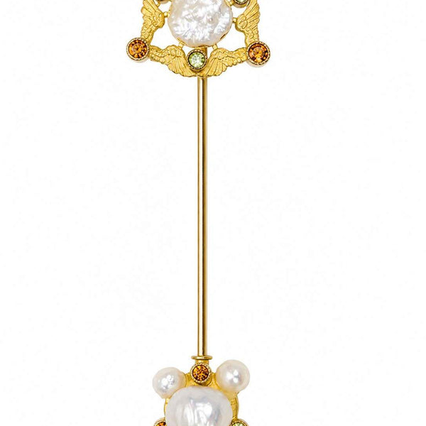 18K Baroque Pearls, Peridot, Citrine stick pin, Wing Motif, Designer; Signed LENT, Designer Anthony Lent