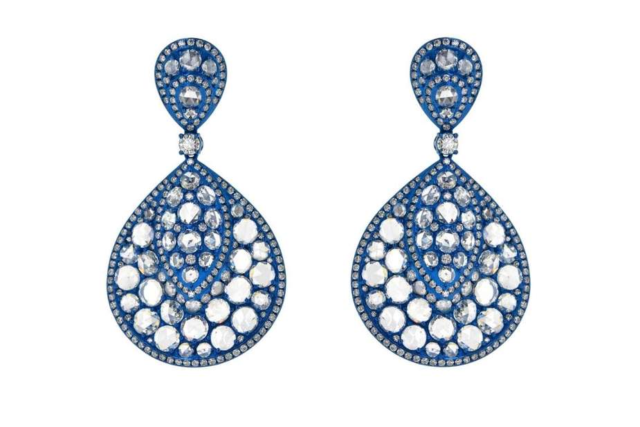 18K Gold, Blue Rhodium Diamond Pear Dangle Earrings