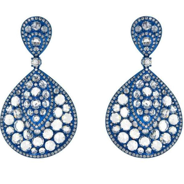 18K Gold, Blue Rhodium Diamond Pear Dangle Earrings