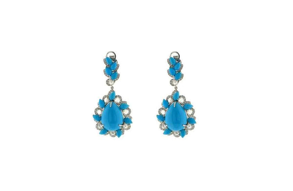 18K White Gold Diamond & Turquoise Pear Dangle Earrings