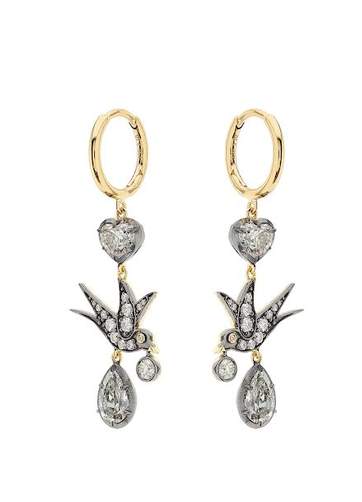 18K Yellow Gold Diamond Heart Bird Dangle Earrings