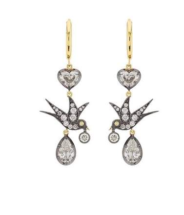 18K Yellow Gold Diamond Heart Bird Dangle Earrings