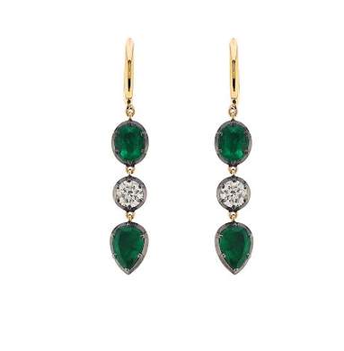18K Yellow Gold Emerald & Diamond Dangle Earrings