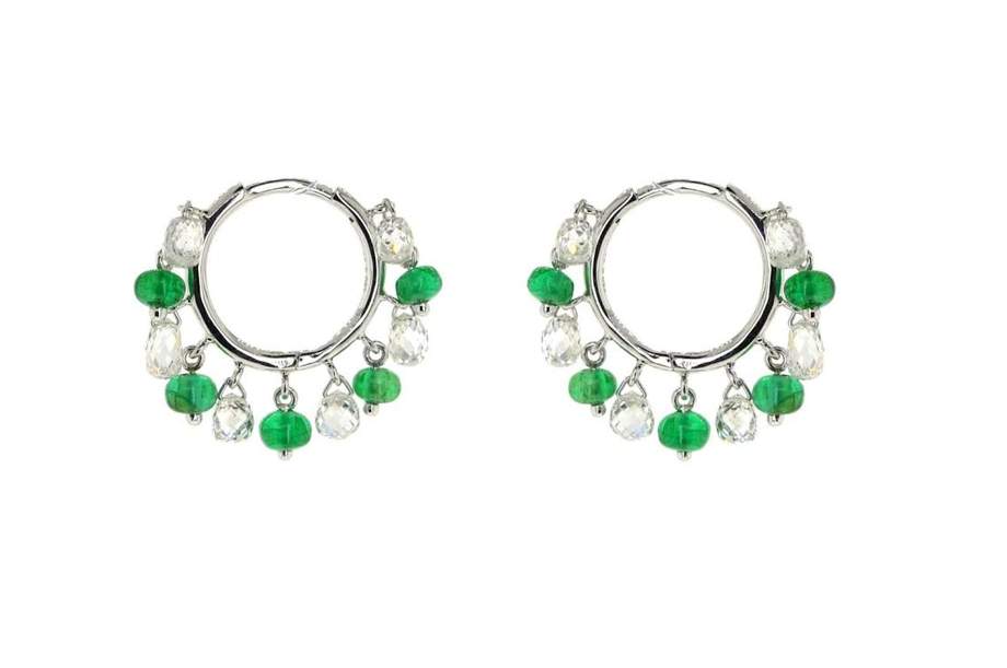 18K White Gold Diamond & Emerald Bead Hoop Earrings