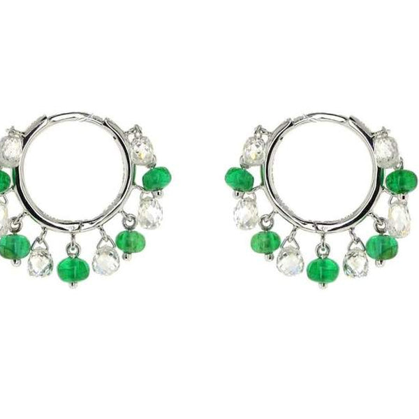 18K White Gold Diamond & Emerald Bead Hoop Earrings