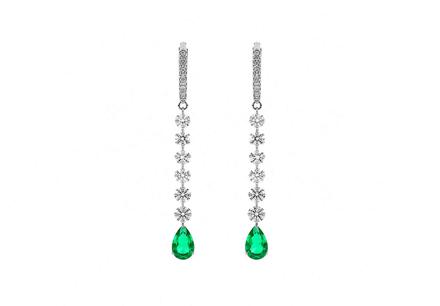 18K White Gold Diamond & Pear Emerald Dangle Earrings