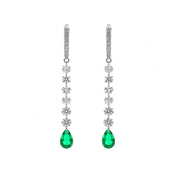 18K White Gold Diamond & Pear Emerald Dangle Earrings