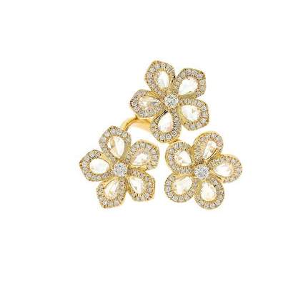 18K Yellow Gold Diamond Three Flower Ring