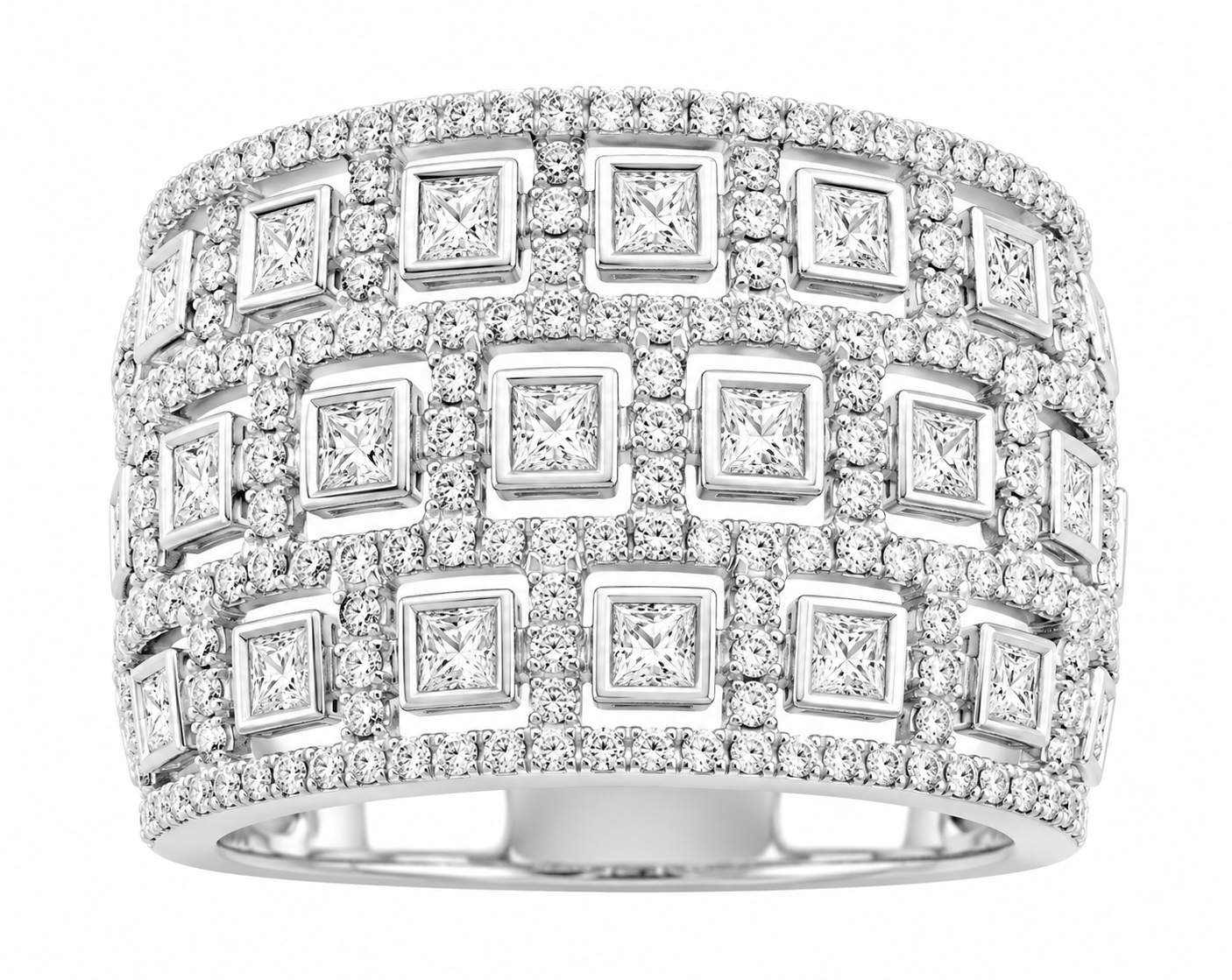 18K White Gold Three Row Grid Diamond Ring