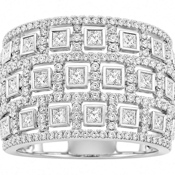 18K White Gold Three Row Grid Diamond Ring