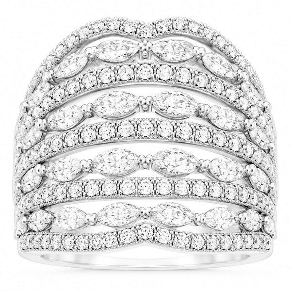 18K White Gold Nine Row Alternating Round & Marquise 2.49cttw Diamond Ring