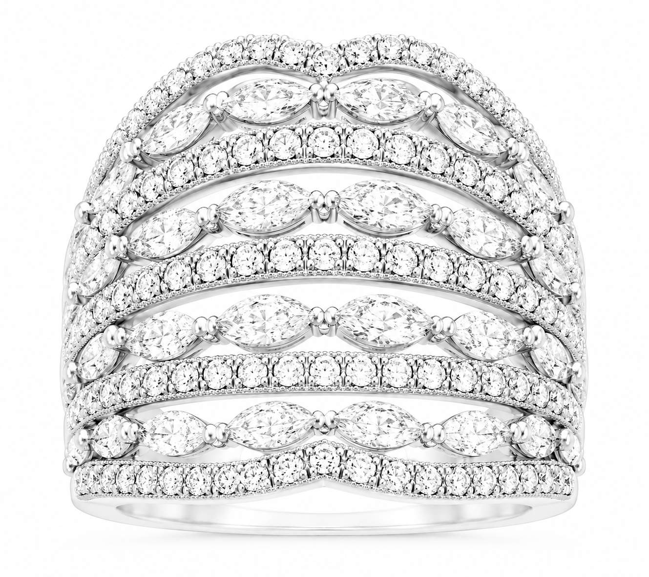 18K White Gold Nine Row Alternating Round & Marquise 2.49cttw Diamond Ring