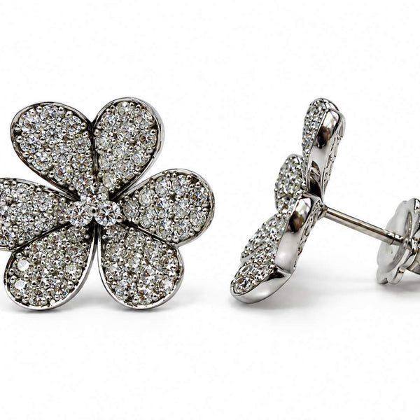 14K Round Pave Diamond 3 Leaf Clover Stud Earrings