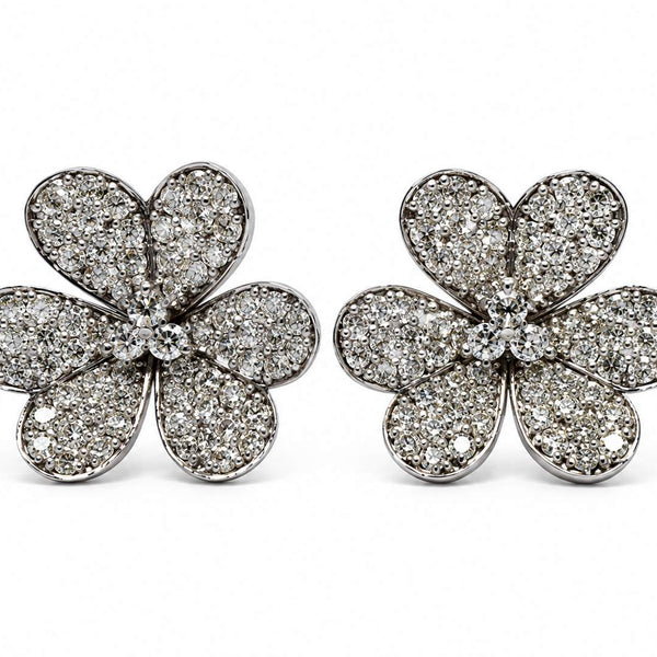 14K Round Pave Diamond 3 Leaf Clover Stud Earrings
