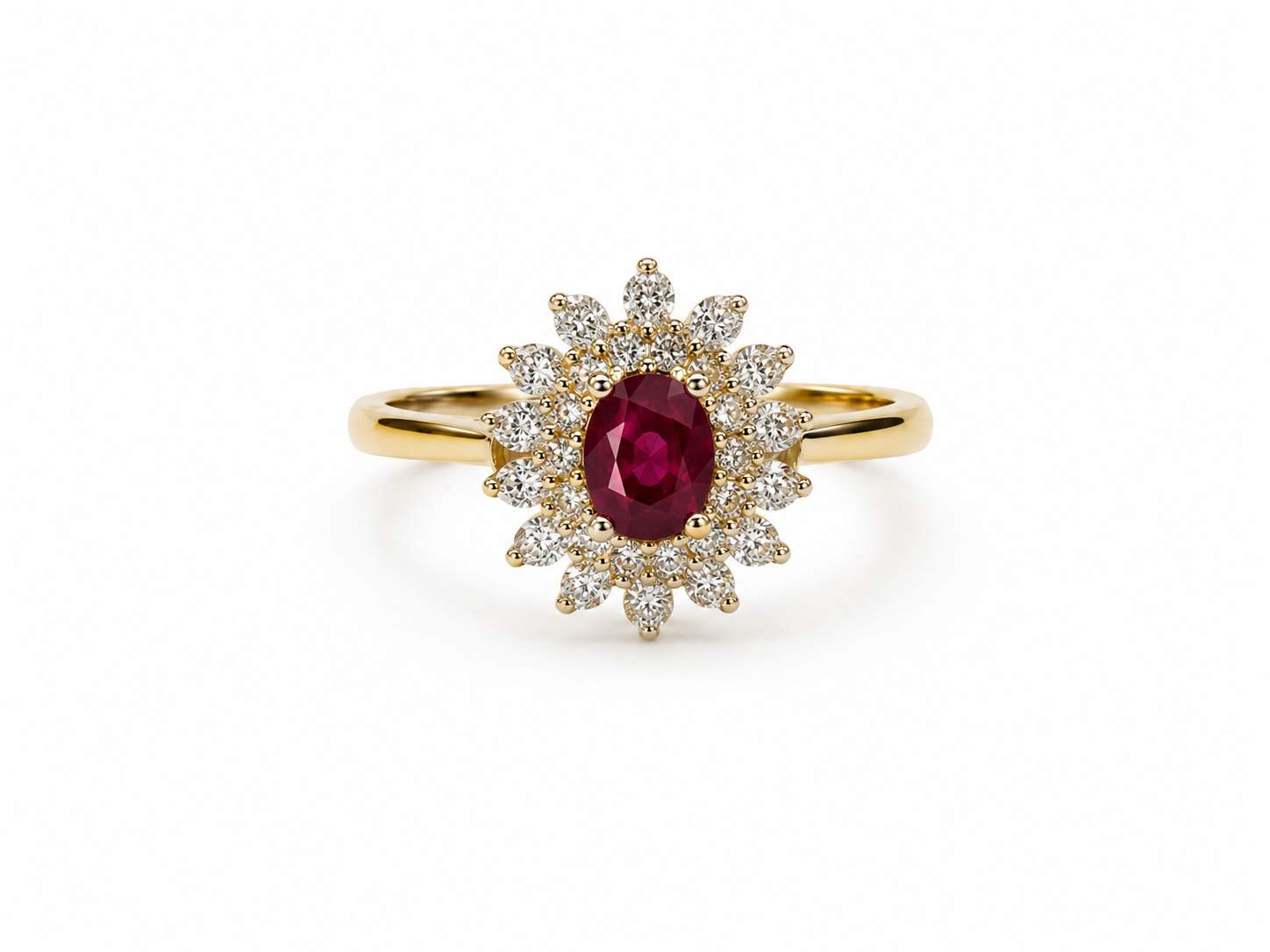 14K Yellow Gold Oval Ruby And Round Diamond Halo Ring