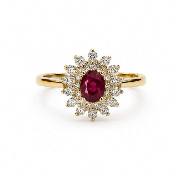 14K Yellow Gold Oval Ruby And Round Diamond Halo Ring