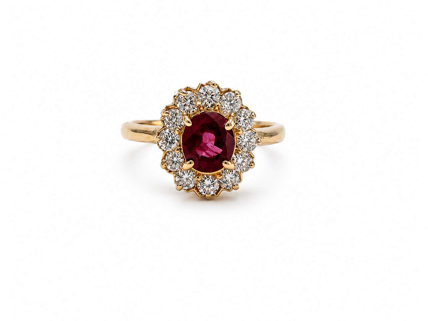 14K Yellow Gold Oval Ruby And Round Diamond Halo Ring