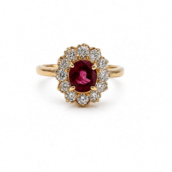 14K Yellow Gold Oval Ruby And Round Diamond Halo Ring