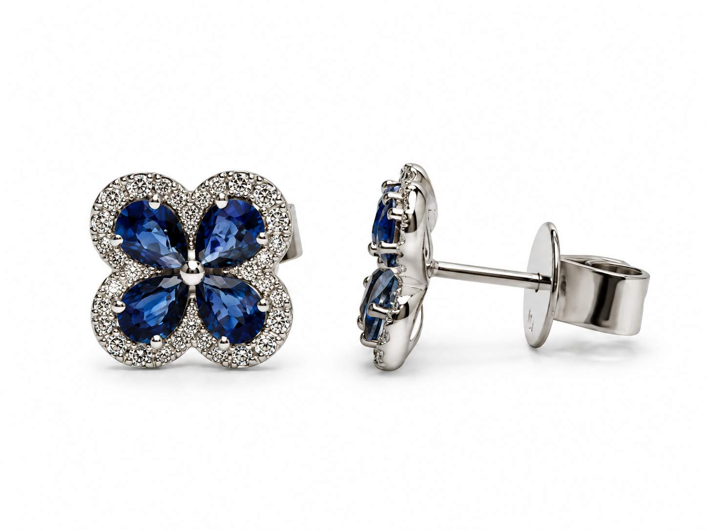 18K Sapphire Diamond Studs in Clover shape