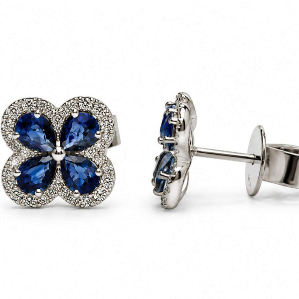 18K Sapphire Diamond Studs in Clover shape