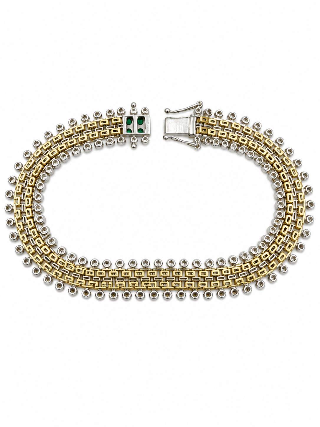 14K Bezel Bracelet With Round Diamonds And Emeralds.