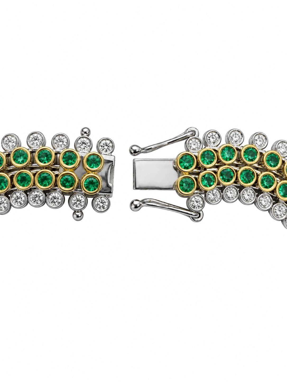 14K Bezel Bracelet With Round Diamonds And Emeralds.