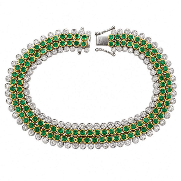 14K Bezel Bracelet With Round Diamonds And Emeralds.