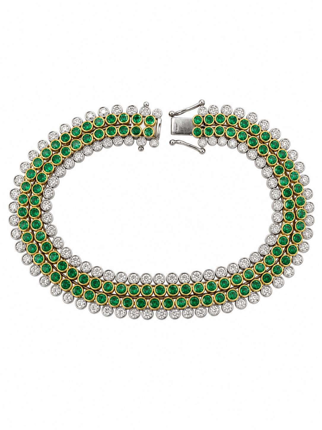 14K Bezel Bracelet With Round Diamonds And Emeralds.