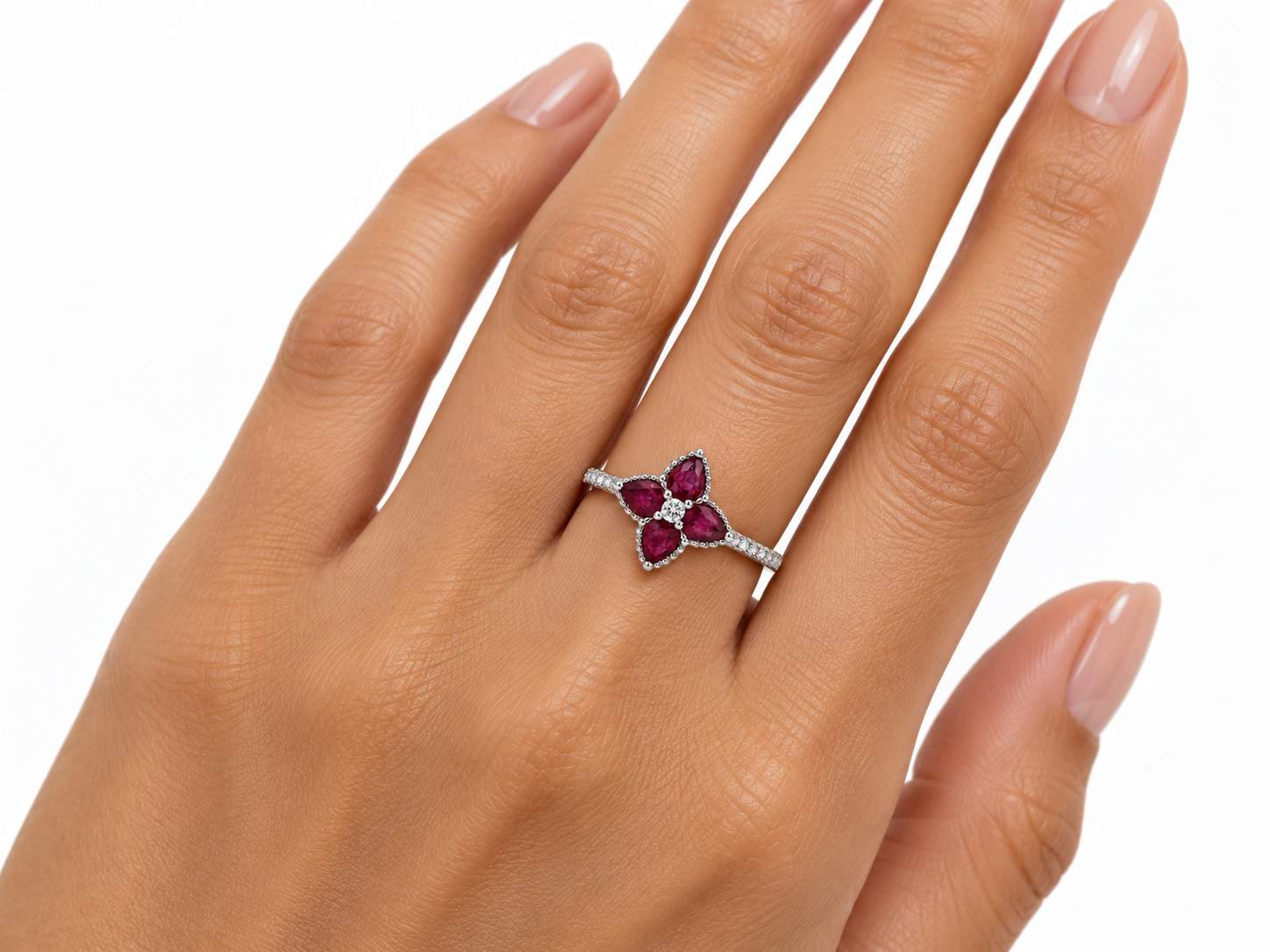 18K White Gold Ruby Diamond Petite Ring.