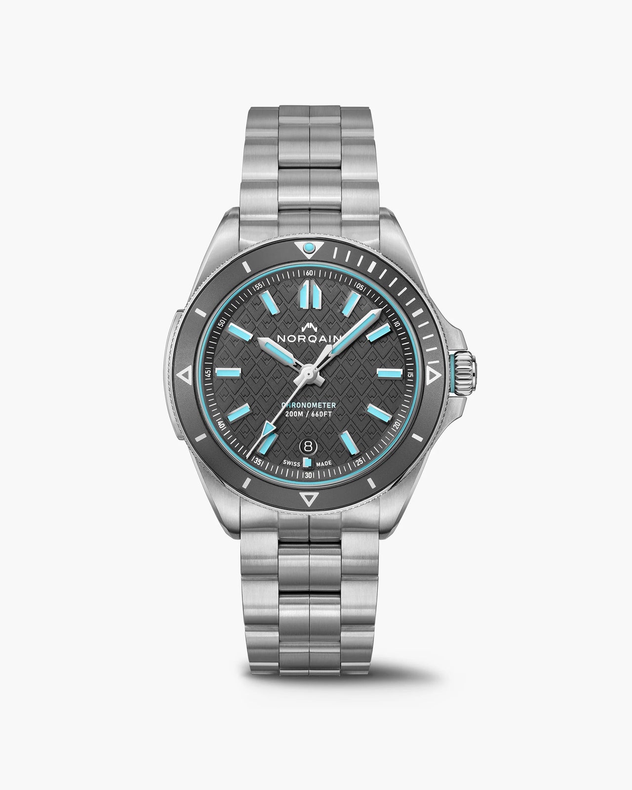 Silver watch with a black face on a white background