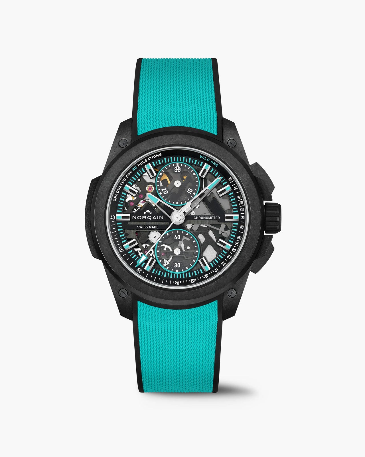 Watch with turquoise strap and black case on a white background