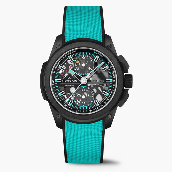 Watch with turquoise strap and black case on a white background