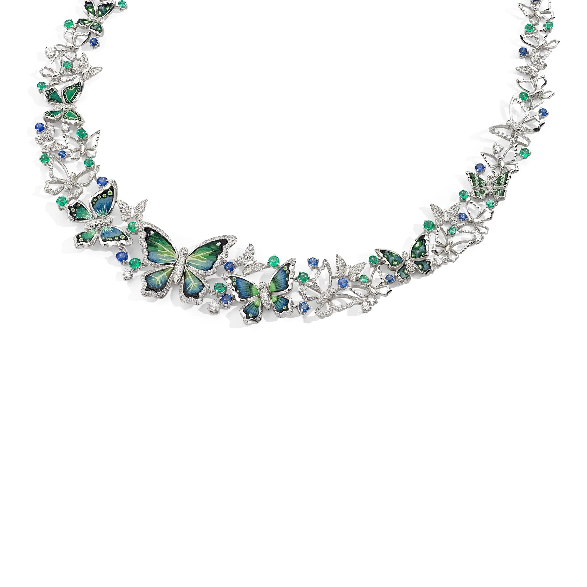Butterfly-themed necklace with green and blue accents on a white background