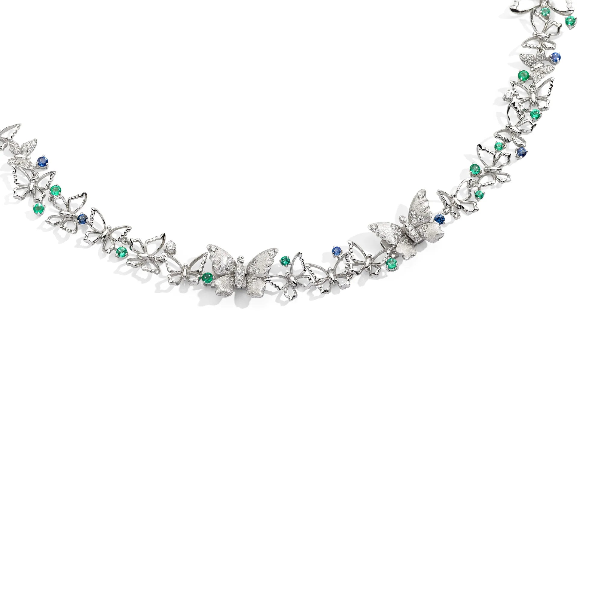 Butterfly-themed necklace with green and blue accents on a white background