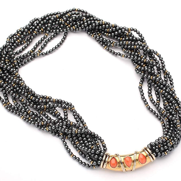 Hematite And Coral French Bead Necklace