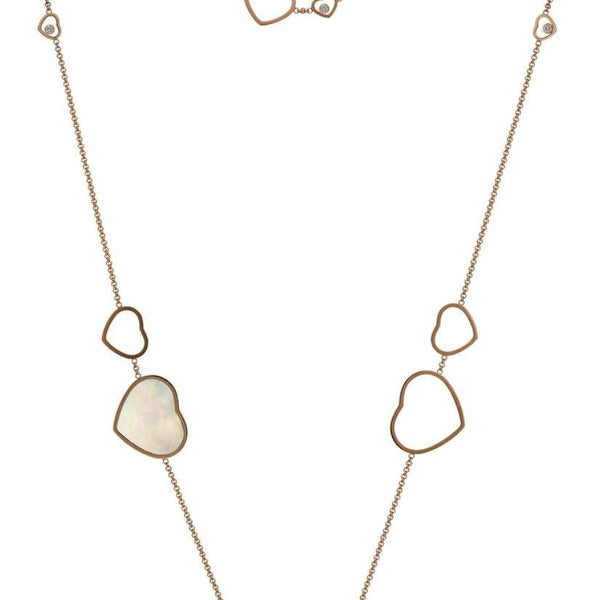 CHOPARD HAPPY HEARTS NECKLACE WITH 3 FLOATING DIAMONDS, AND INLY MOTHER OF PEARL STATIONS