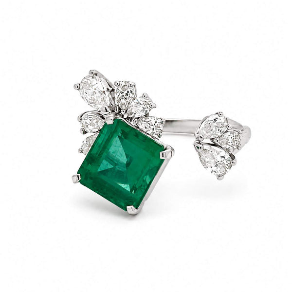 Emerald & Diamond Flower Open Ring