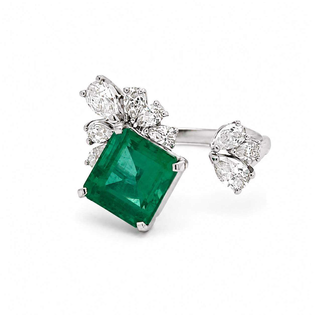 Emerald & Diamond Flower Open Ring