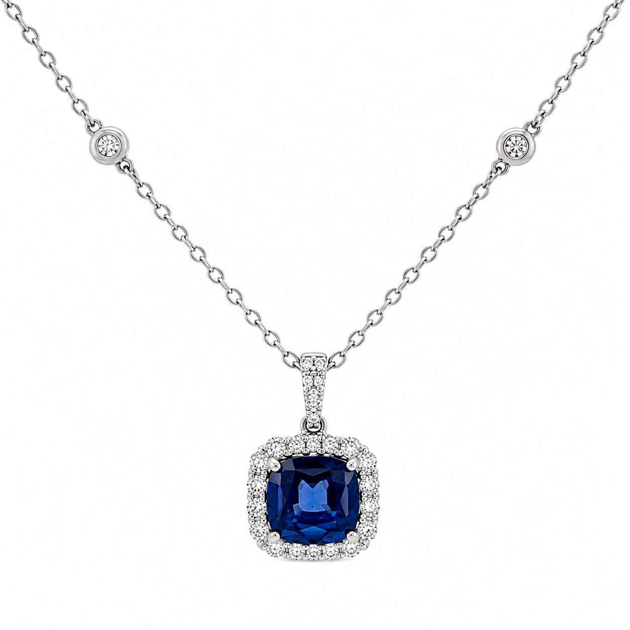Sapphire & Diamond Halo Pendant Necklace