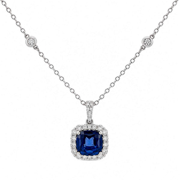 Sapphire & Diamond Halo Pendant Necklace