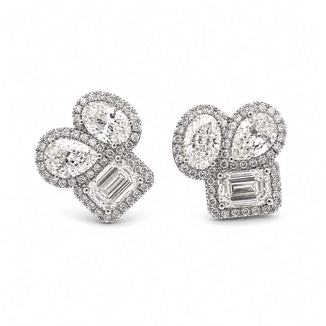 3 Stone Halo Diamond Stud Earrings