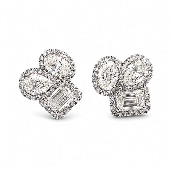 3 Stone Halo Diamond Stud Earrings